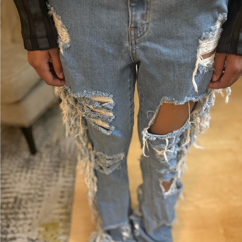 Fringe Distressed Flare Jeans – Heavy Shred Style (Size 5)